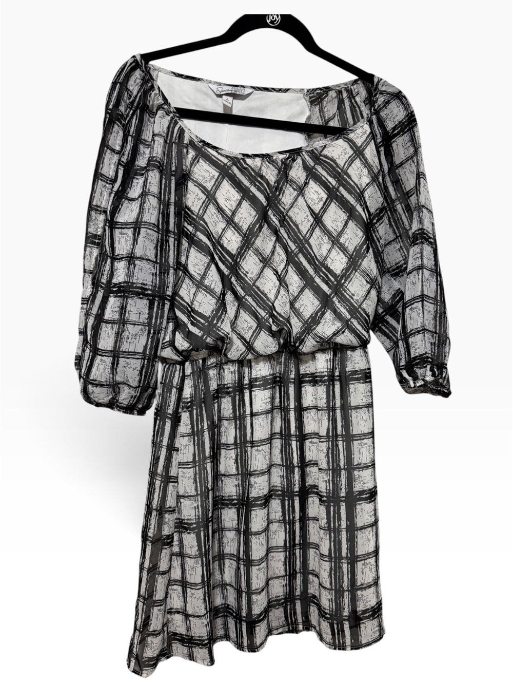 Speechless Black and White Plaid Puff Sleeve Dress Large